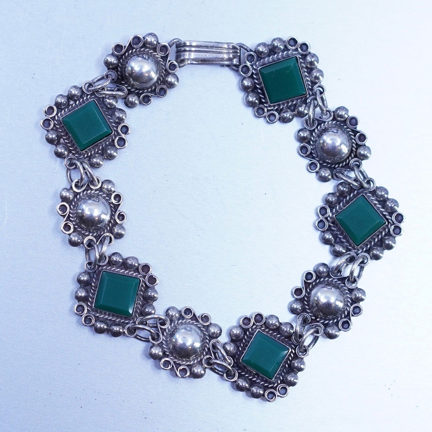 6.75”, Vintage mexico sterling 925 silver handmade bracelet with square jade