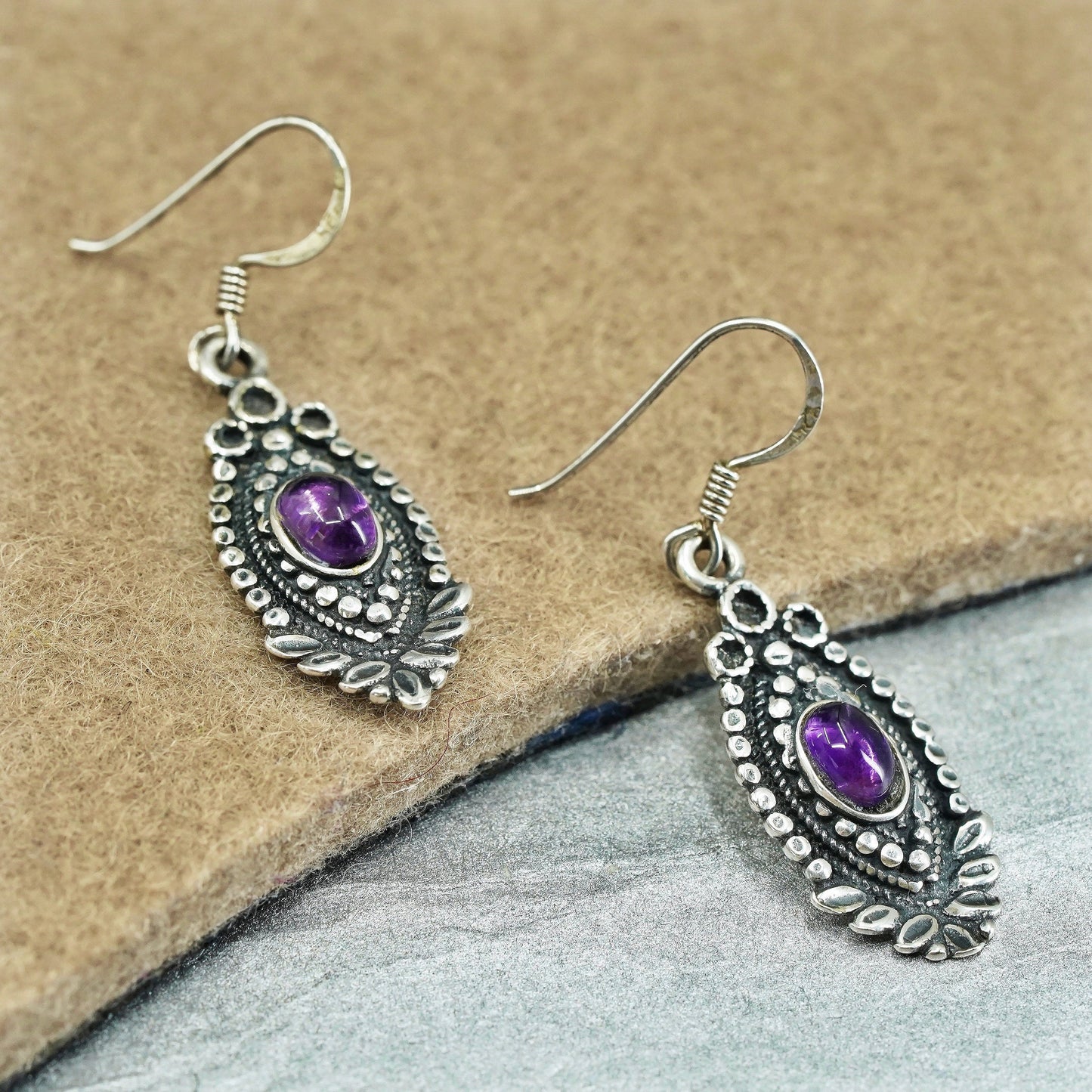Vintage jewelry | Sterling 925 silver handmade leafy earrings with amethyst