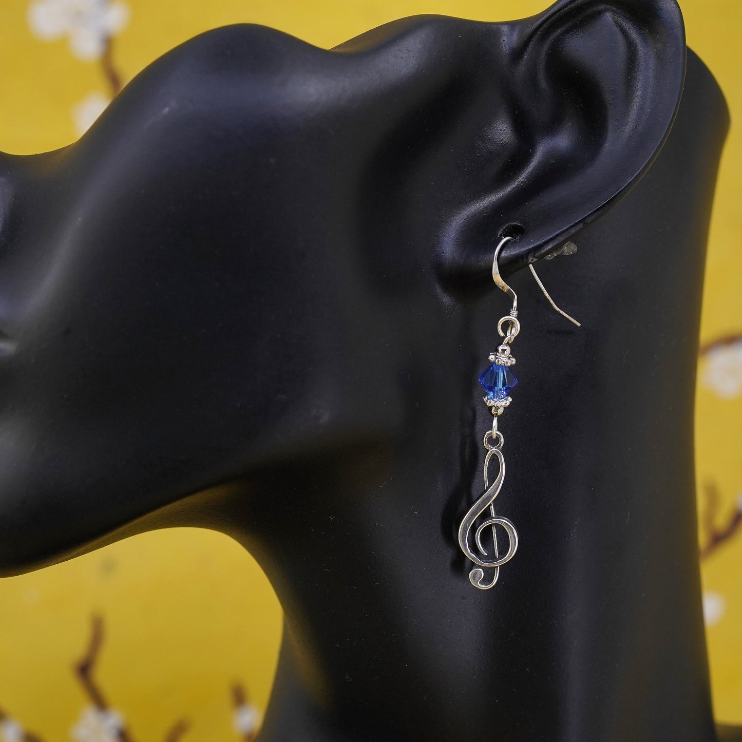 Vintage Sterling silver handmade earrings, 925 music note with blue crystal