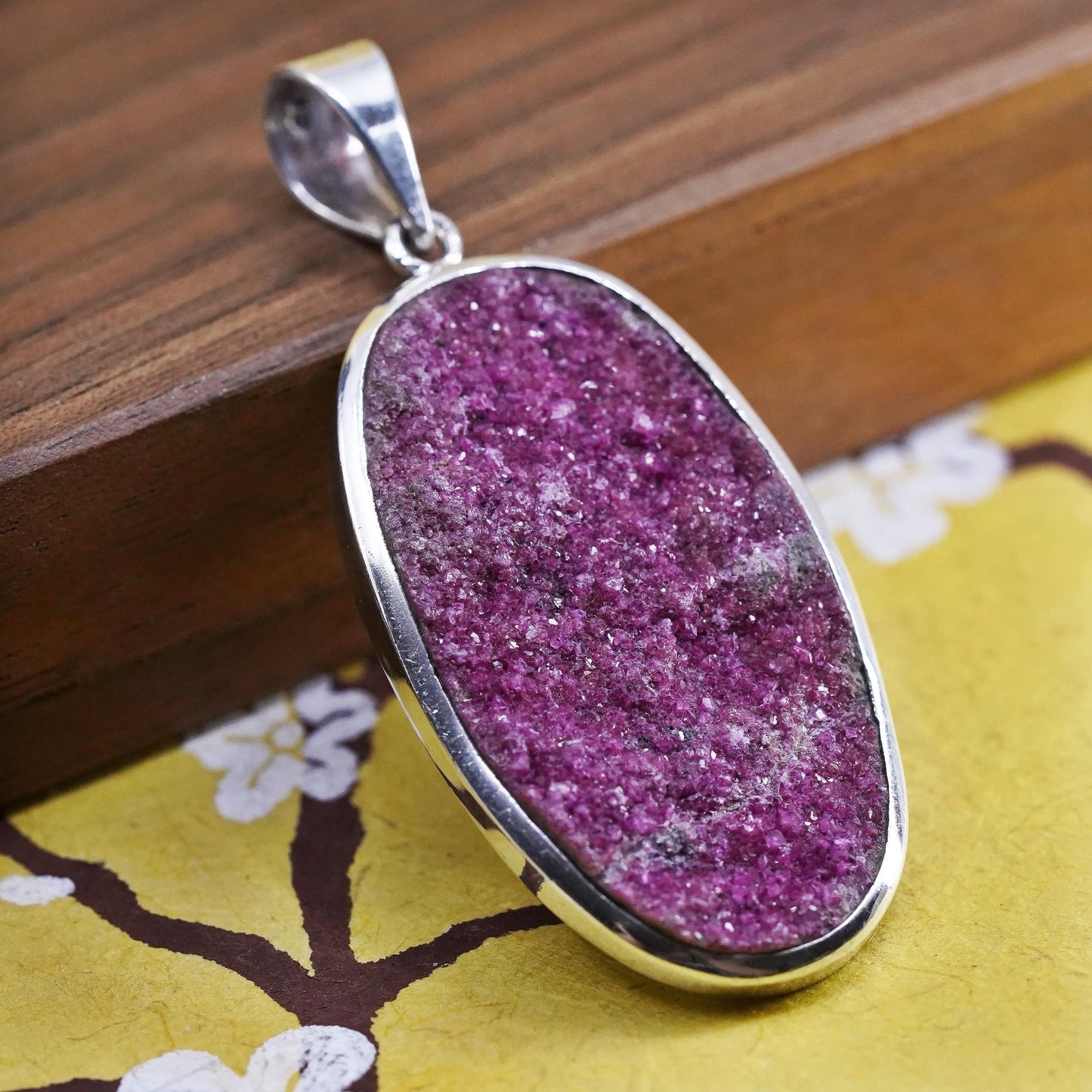 Vintage Sterling silver handmade pendant, 925 oval with rose pink druzy stone