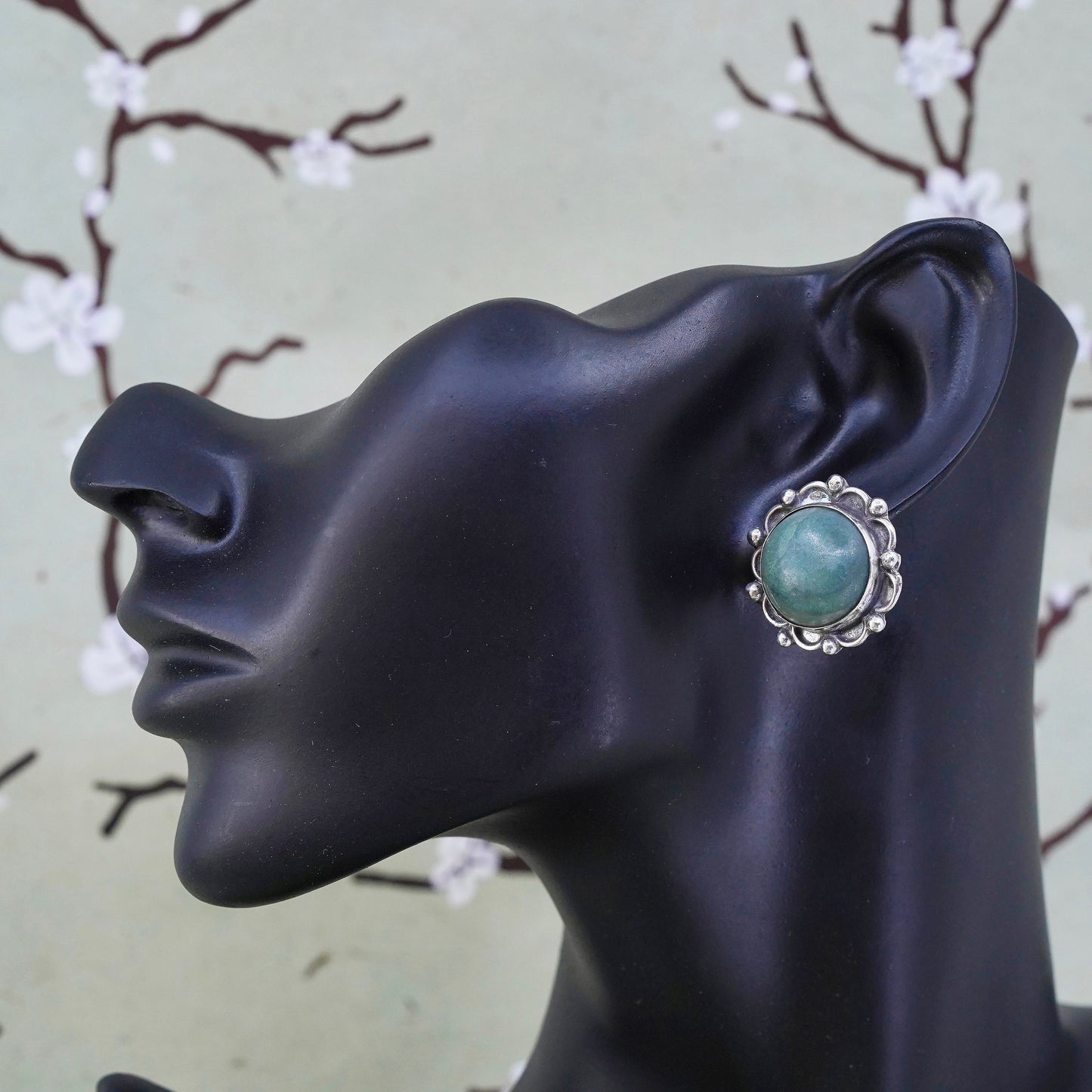 Vintage sterling 925 silver handmade screw back earrings with jade and beads
