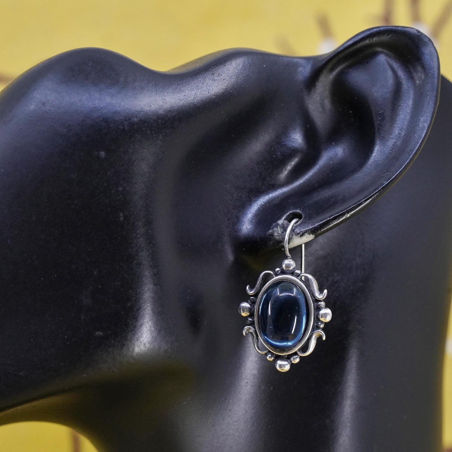 Vintage southwestern sterling 925 silver oval earrings with artisan blue glass