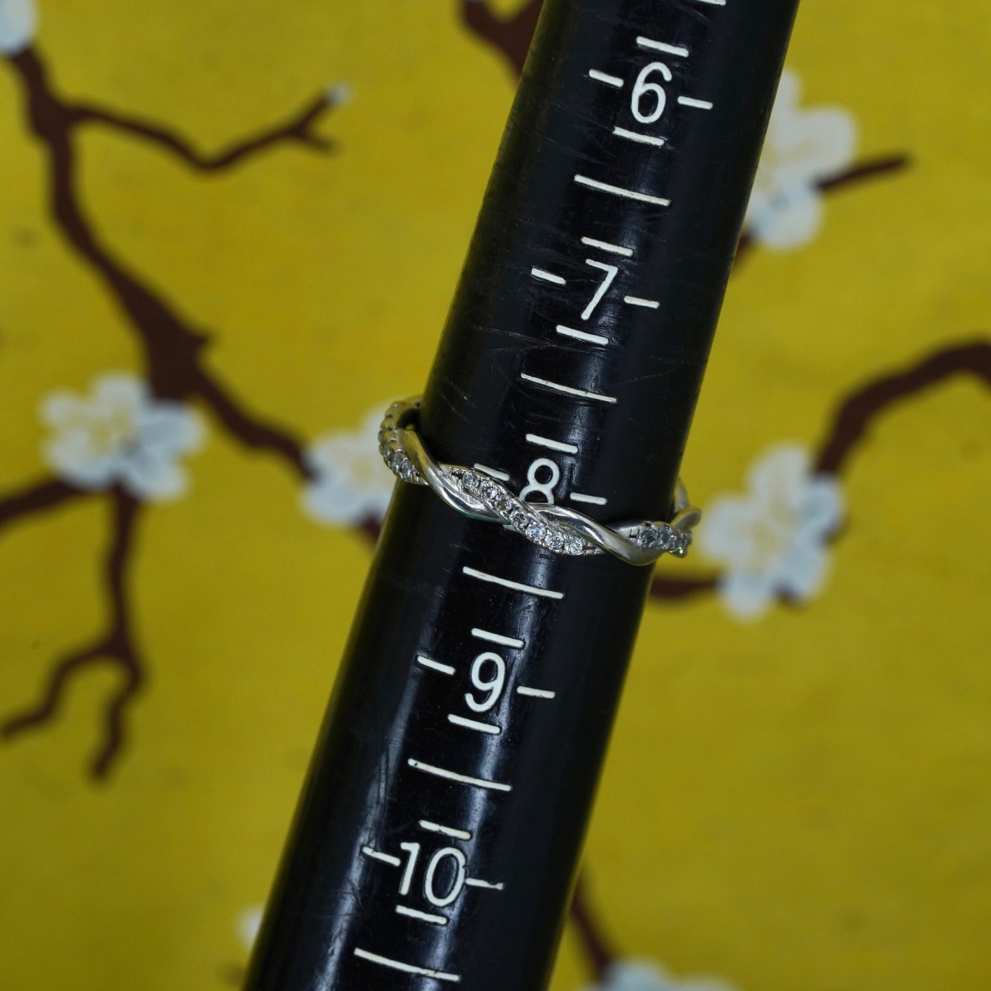size 8, vintage Sterling silver handmade ring, 925 entwined band w/ cz