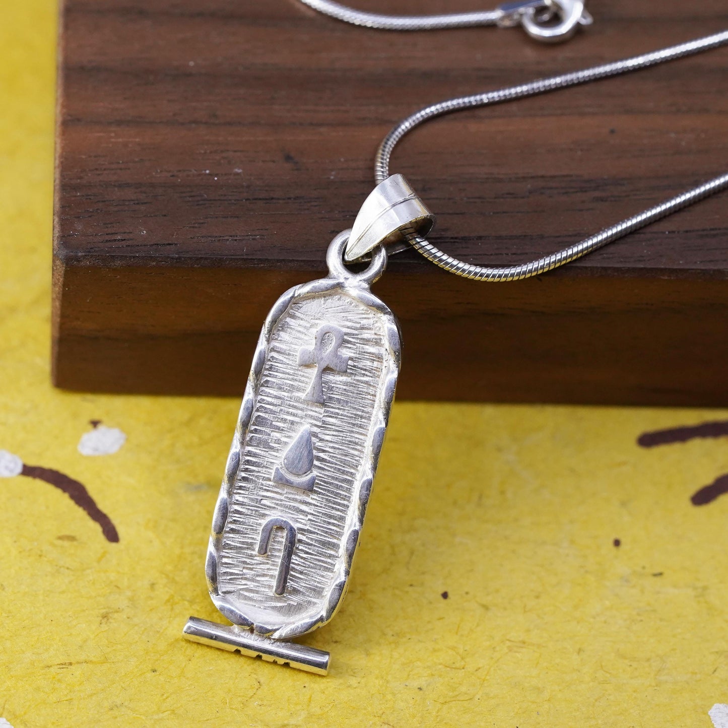 15”, Egyptian Sterling silver necklace w/ double sided pendant 925 snake charm