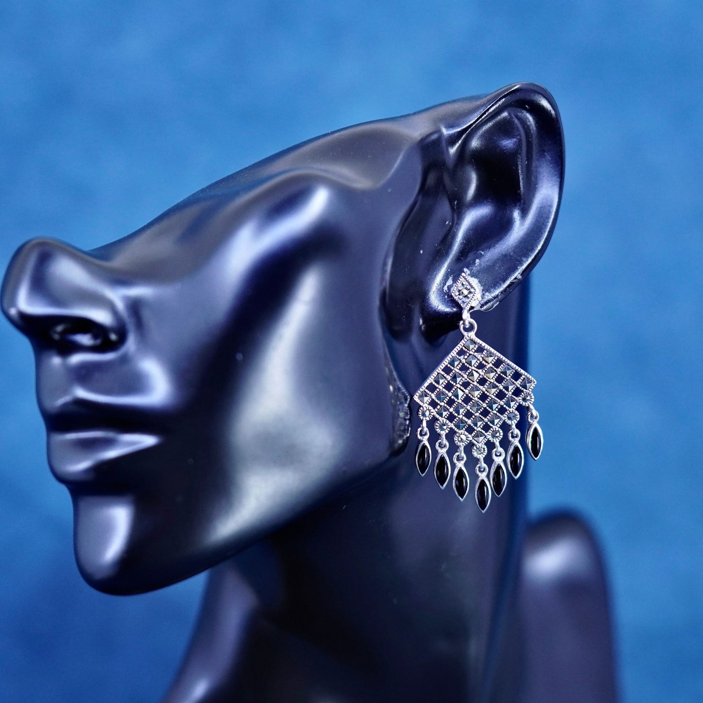 sterling 925 silver diamond shaped earrings with marcasite onyx fringe