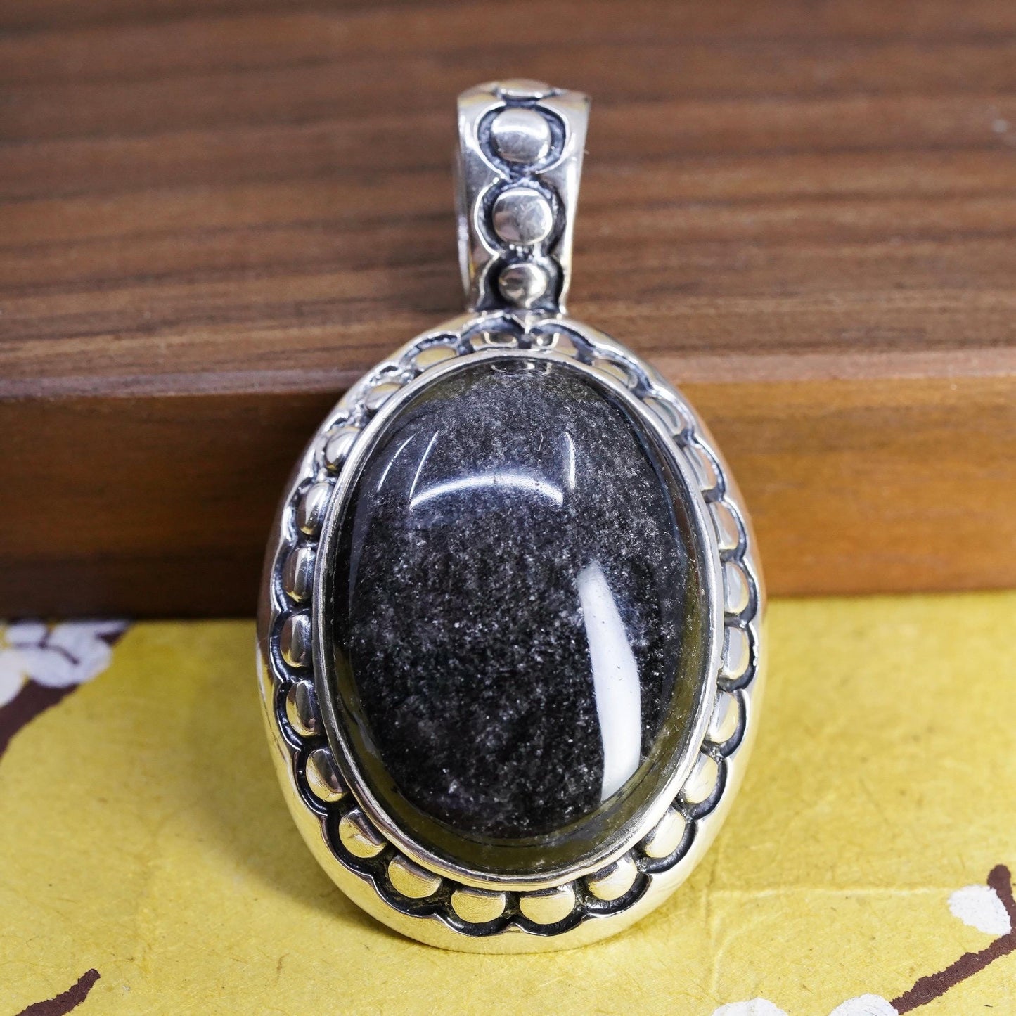 Vintage Mexico 925 Sterling Silver Black Pendant, Oval Cabochon Statement Charm