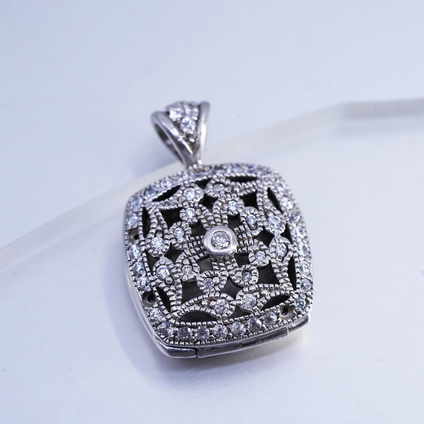 Vintage sterling silver pendant, 925 square locket charm with cluster cz