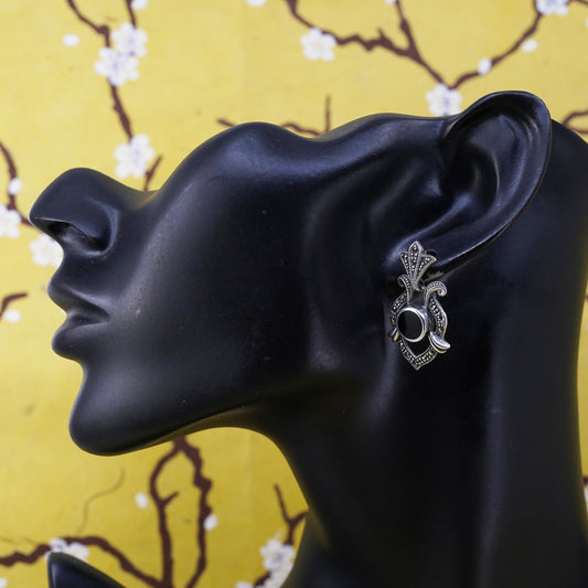 Vintage Sterling 925 silver handmade earrings with onyx and marcasite