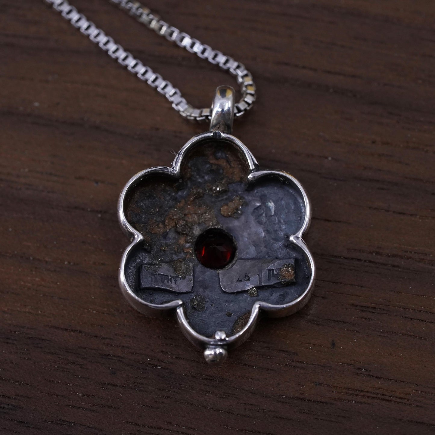 18” Vintage 14K flower Sterling silver handmade pendant, 925 box chain necklace