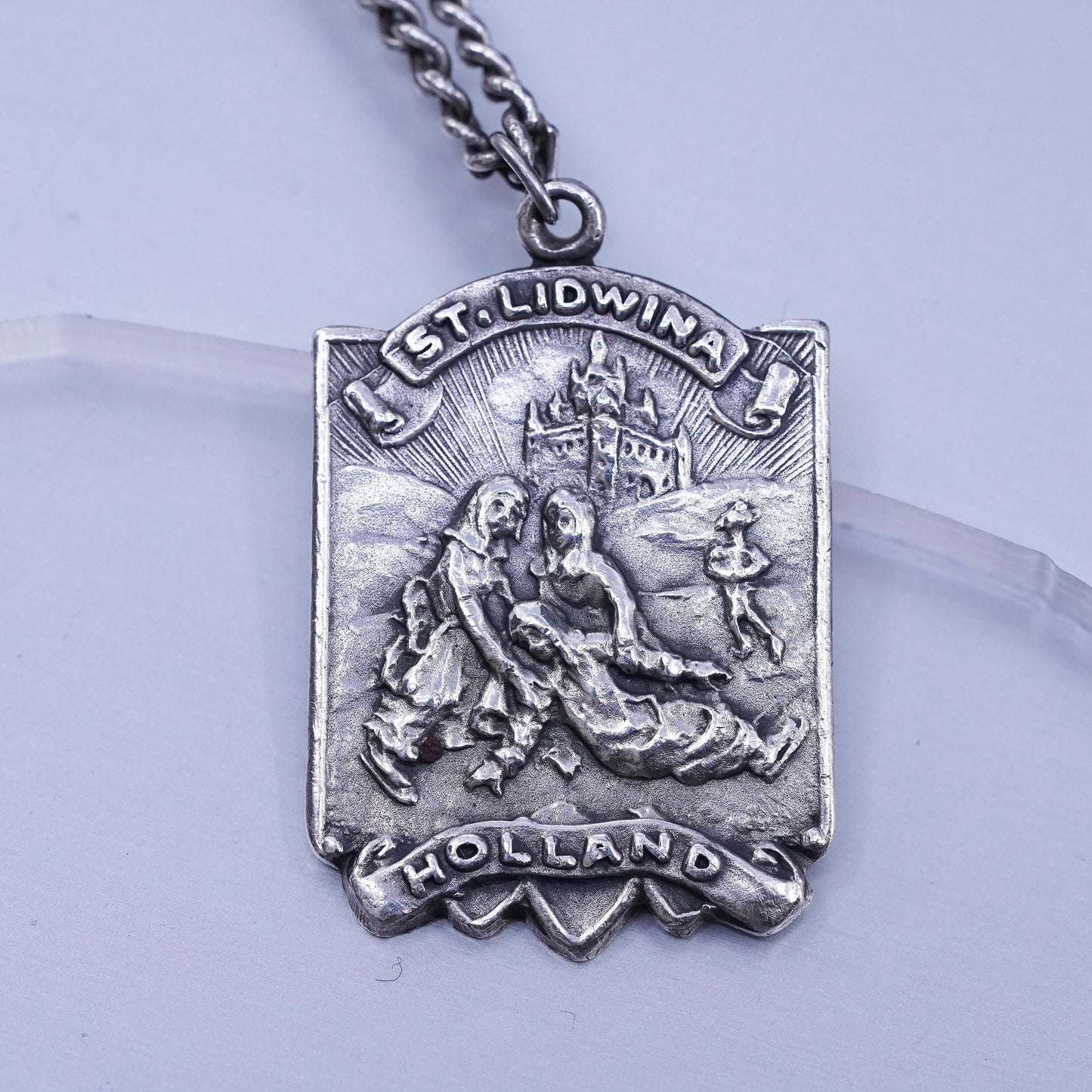 24”, VTG Sterling 925 silver curb necklace with St Lidwina Holland tag pendant