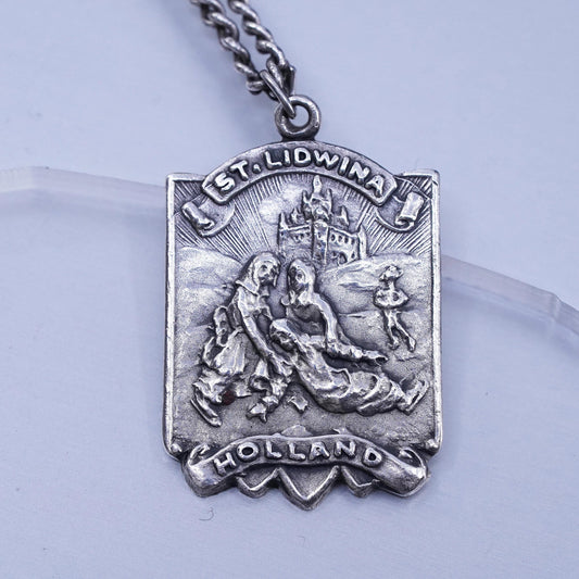 24”, VTG Sterling 925 silver curb necklace with St Lidwina Holland tag pendant