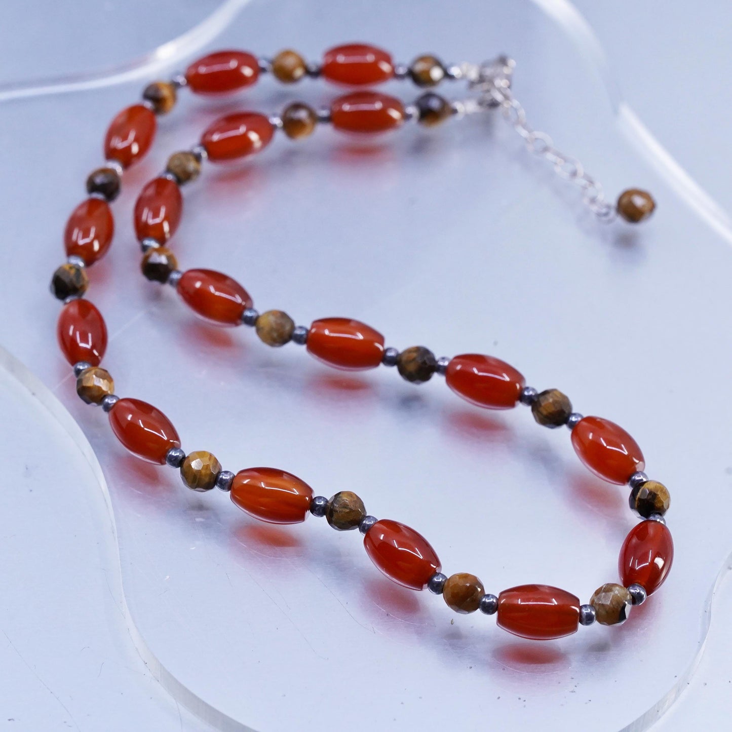 16+2", vintage Sterling 925 silver necklace w/ carnelian golden tiger eye beads