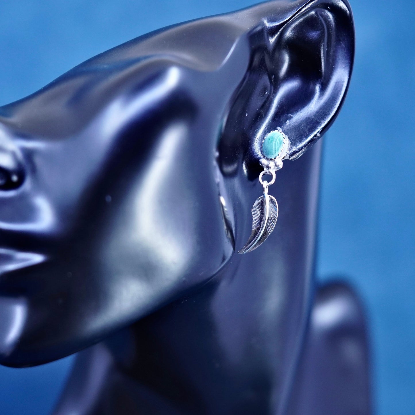 Native American Jason Livingston sterling silver earrings 925 feather malachite