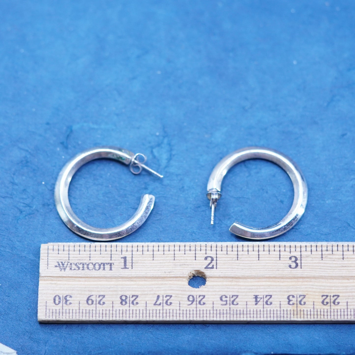 1.25”, vintage Italy Sterling silver handmade textured 925 hoops, ribbed huggie