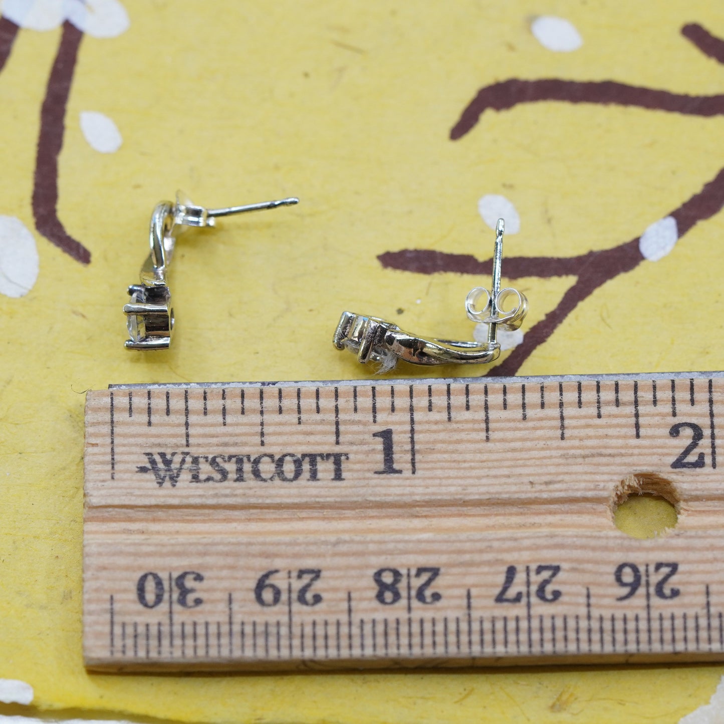 Vintage Sterling silver ribbon bow studs, cz earrings