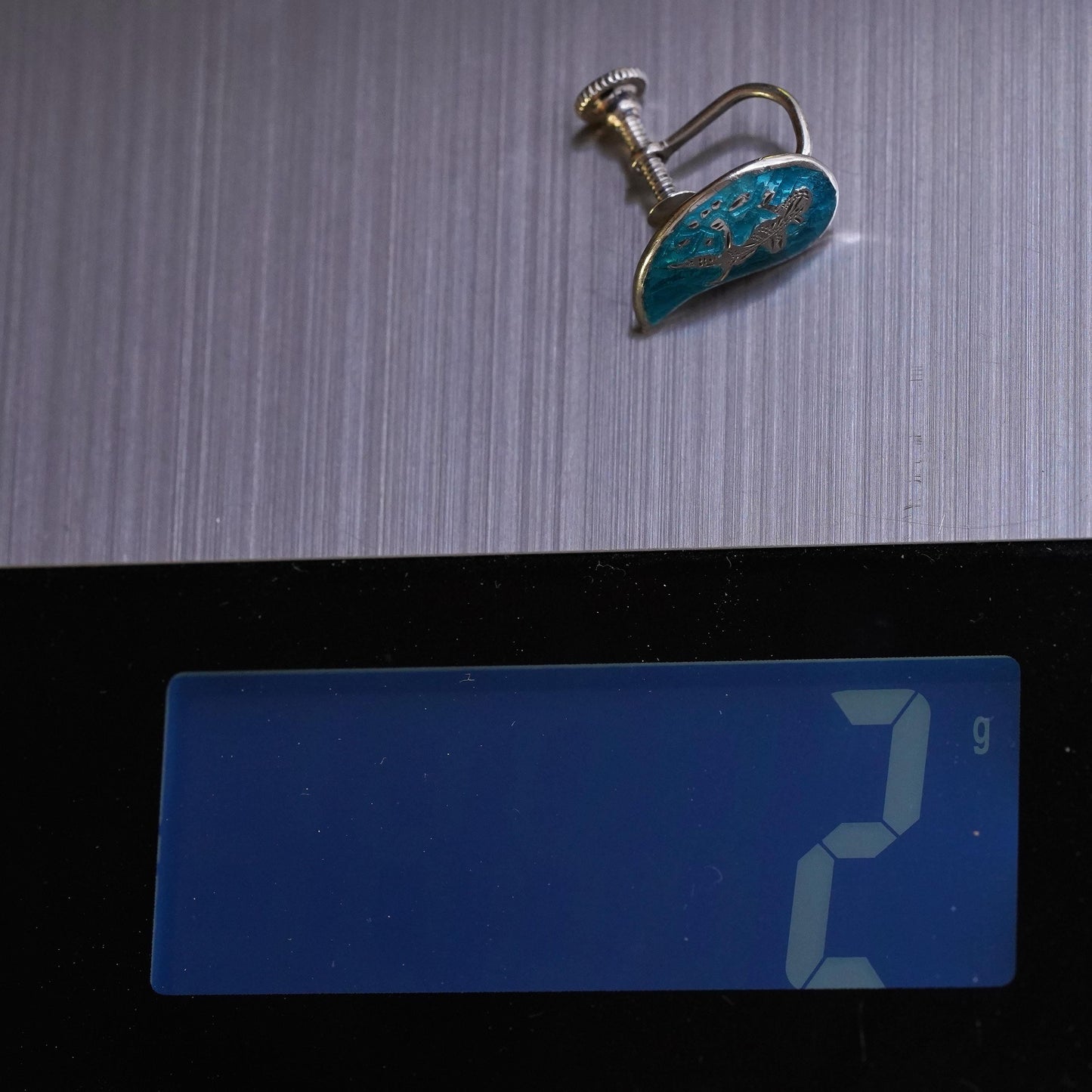 Sterling silver single earring, 925 teardrop screw back Indian blue enamel