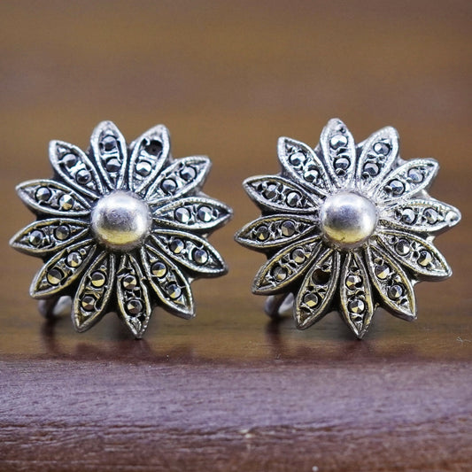 Vintage Sterling silver 925 handmade screw back sunflower earrings w/ marcasite