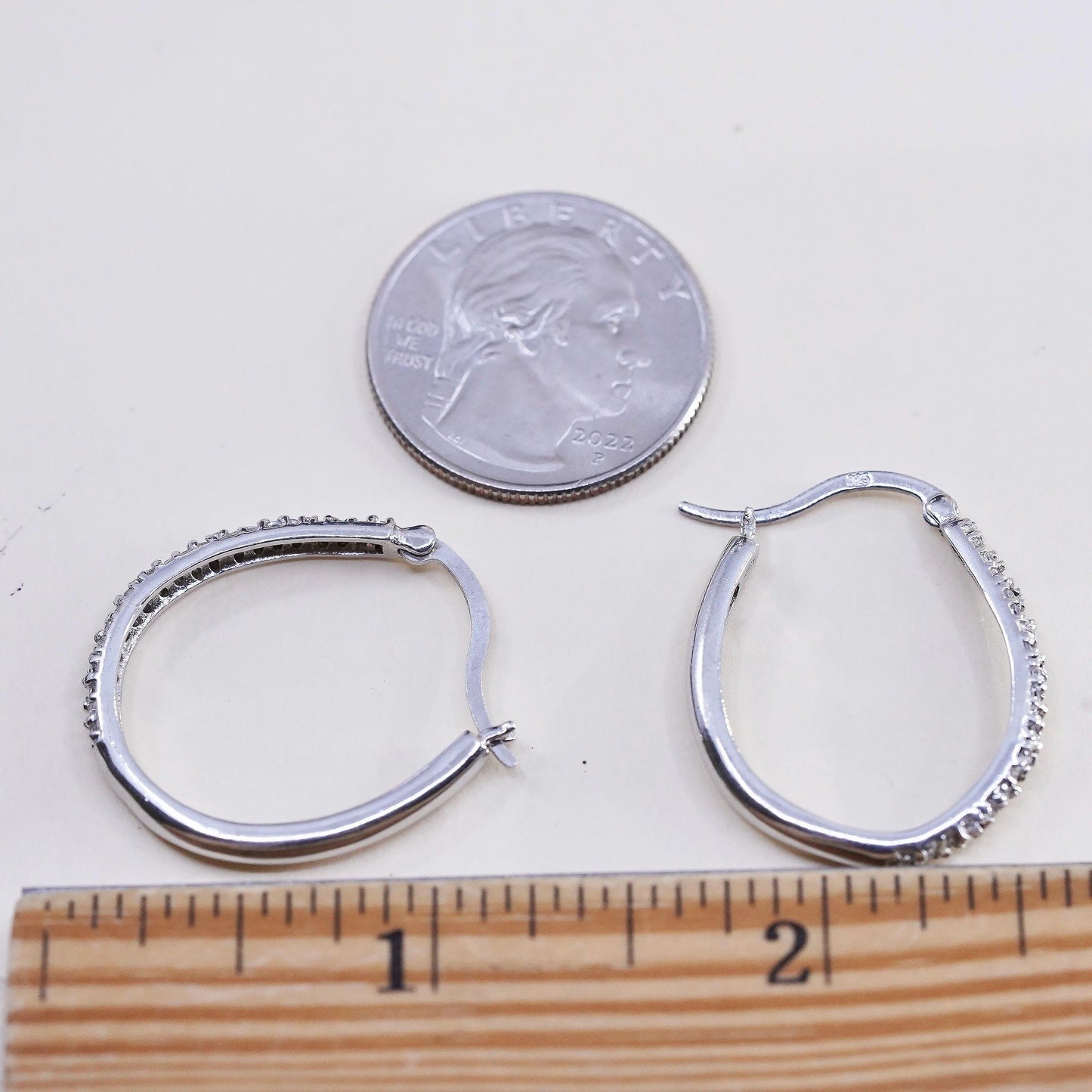 1.25”, Vintage sterling silver earrings, 925 silver hoops, Huggie w/ cluster Cz