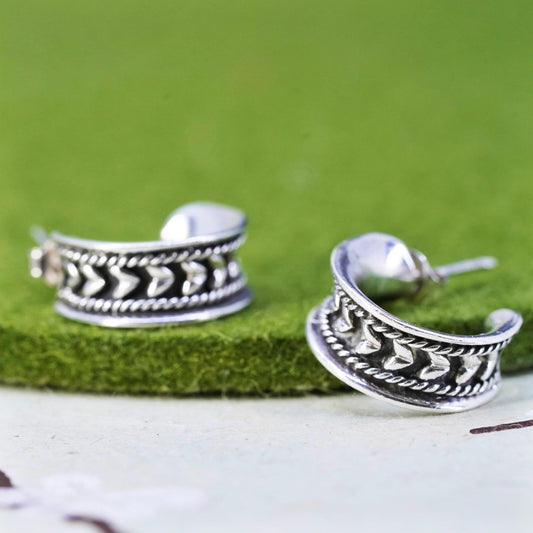 0.75”, VTG Sterling silver handmade earrings, 925 cable textured Huggie studs