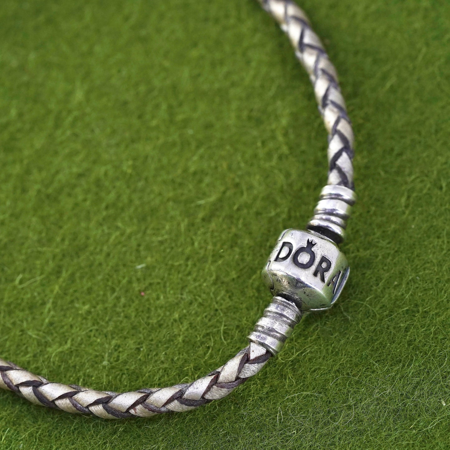 7.25", VTG Pandora woven leather chain, 925 sterling silver closure bracelet