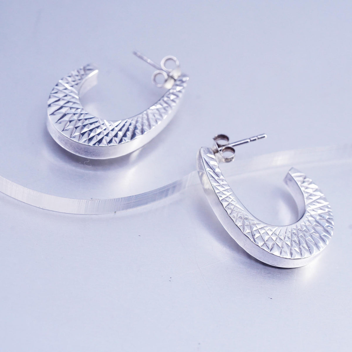 1", Vintage Sterling Silver 925 Textured Crescent Earrings, Wide J Hoop Studs