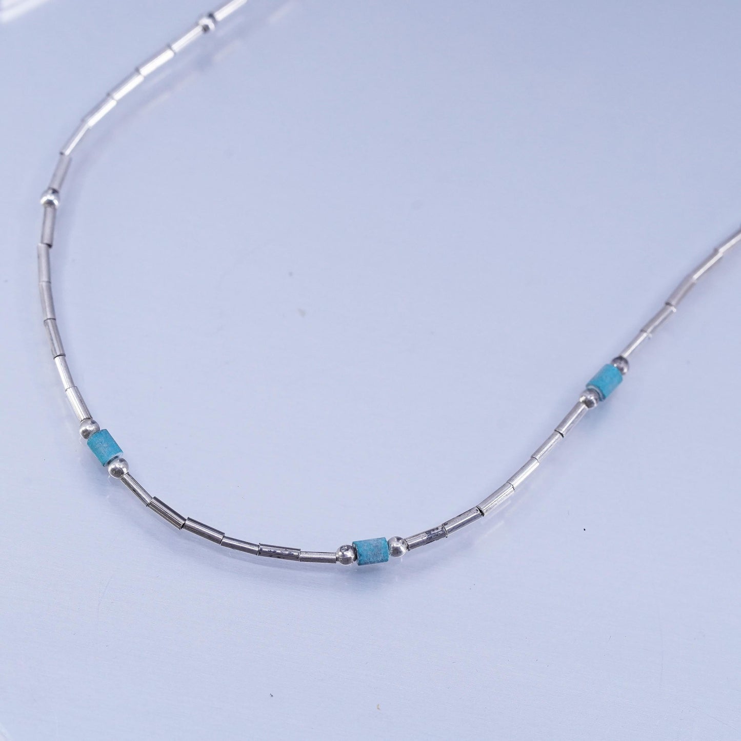 22”, Native American Sterling 925 liquid silver necklace with turquoise beads