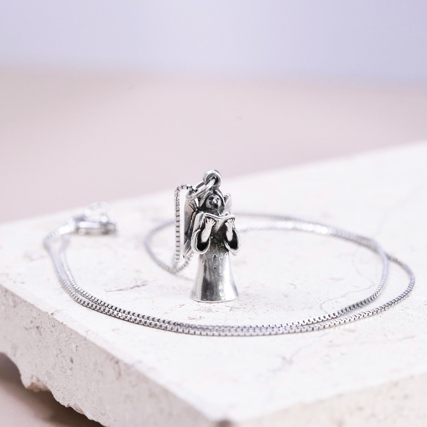 18”, sterling 925 silver handmade box chain necklace with angel charm pendant