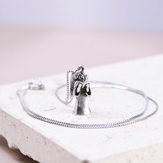 18”, sterling 925 silver handmade box chain necklace with angel charm pendant