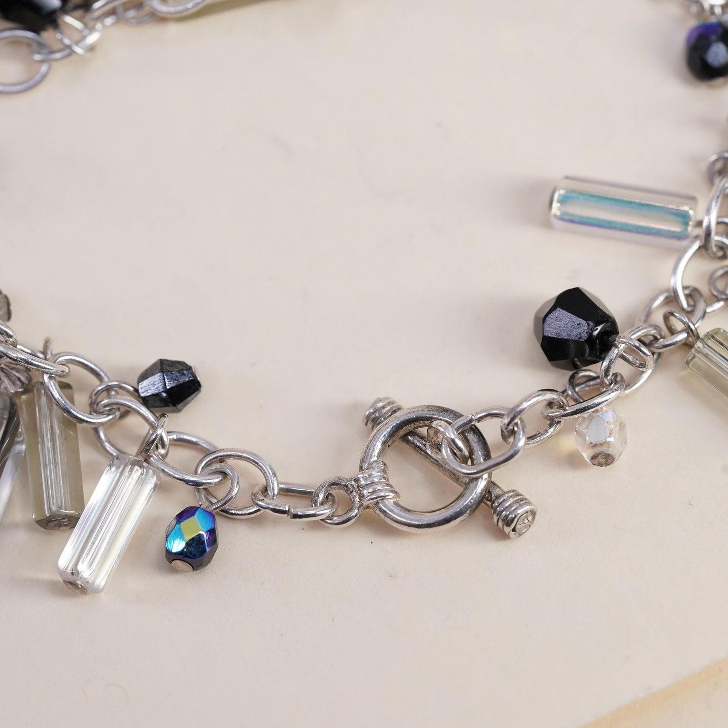 7.25", VTG sterling silver 925 oval chain bracelet cluster black white crystal