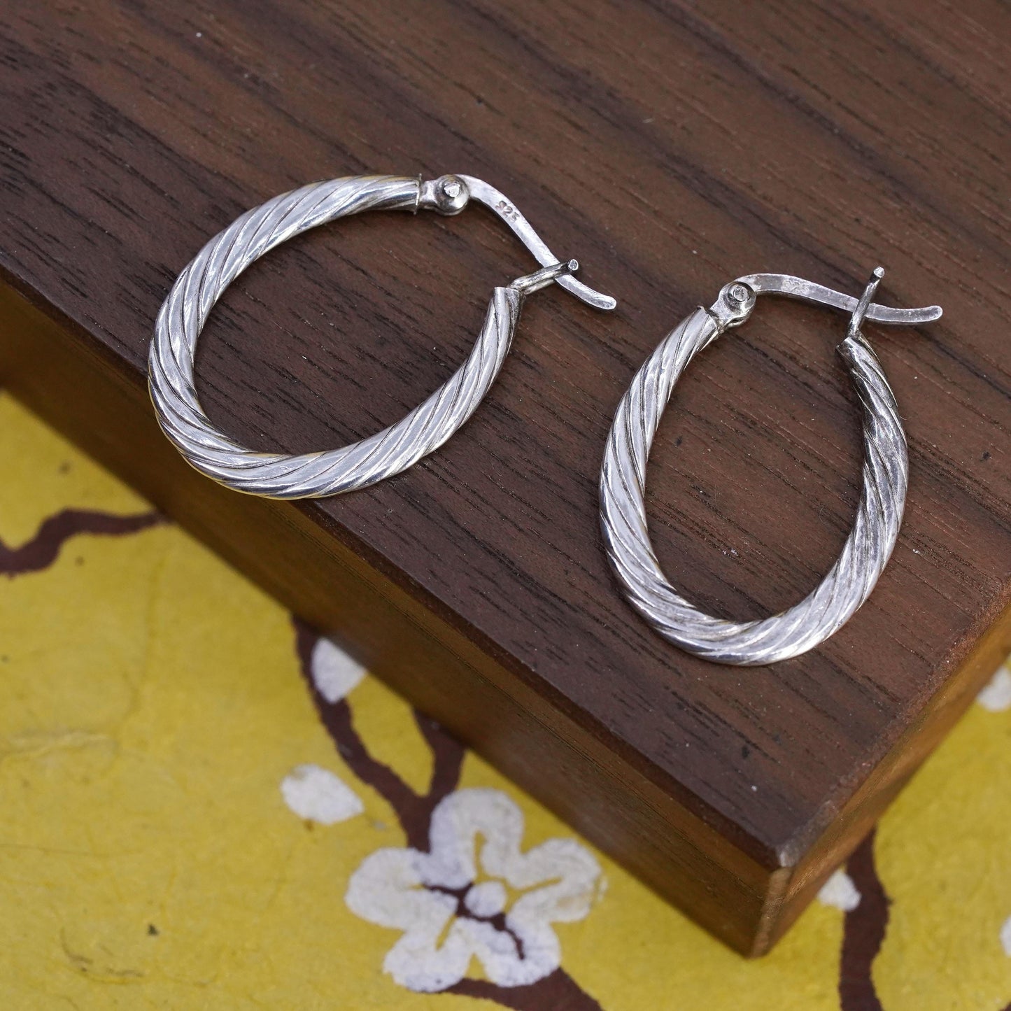 1”, Vintage simple Sterling silver handmade earrings, 925 textured oval hoops
