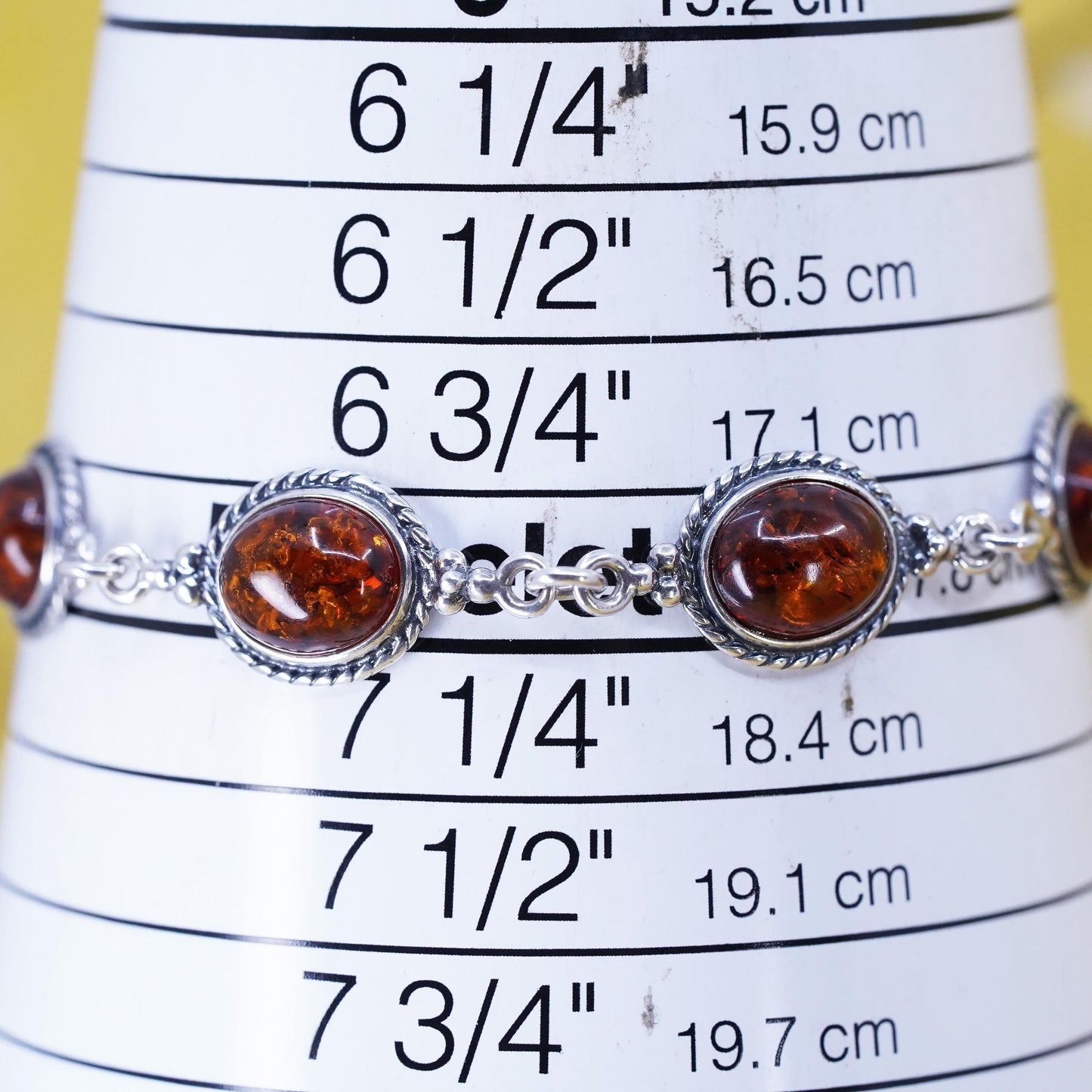 7", vintage Sterling 925 silver handmade bracelet with oval amber