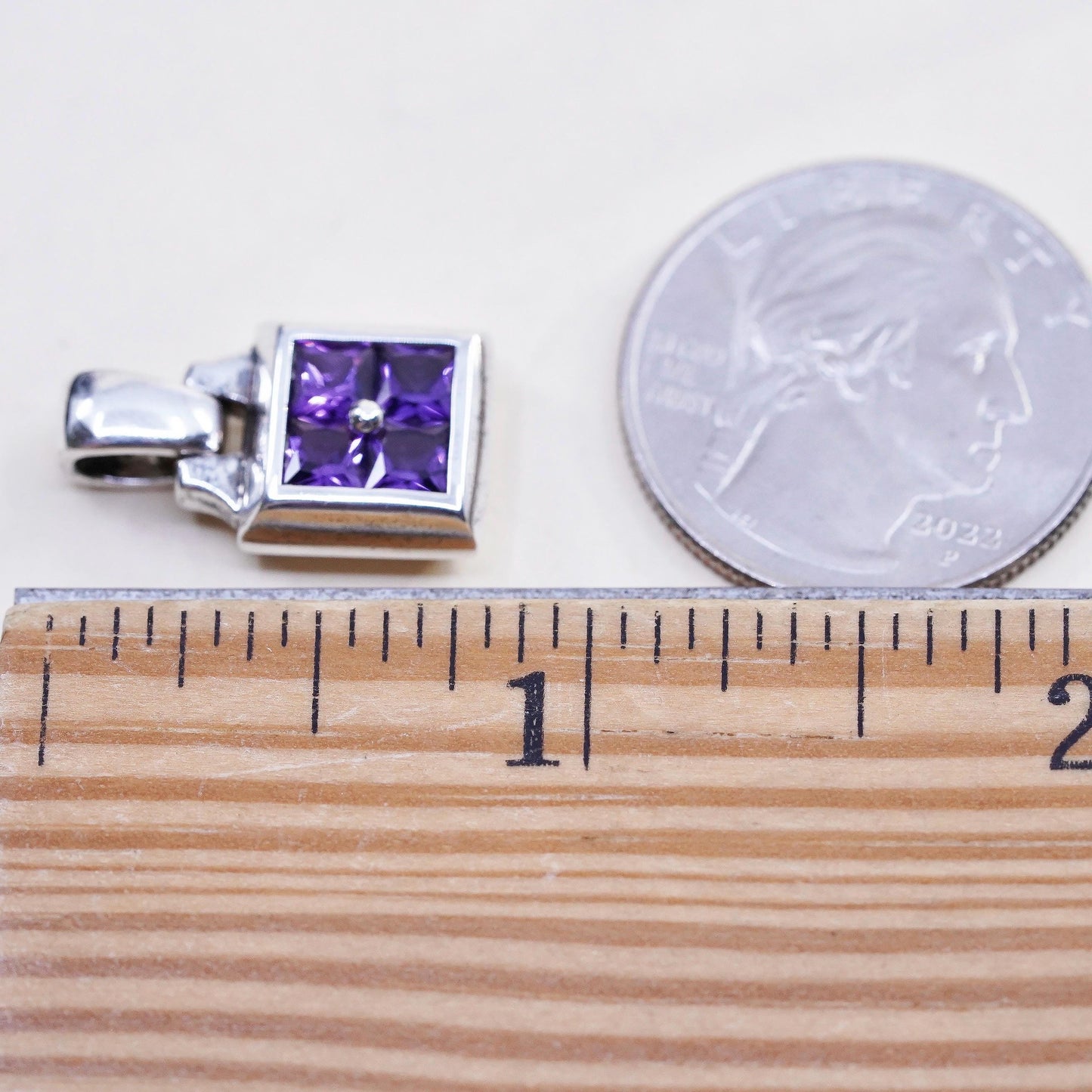 Vintage Sterling 925 silver handmade square pendant with amethyst