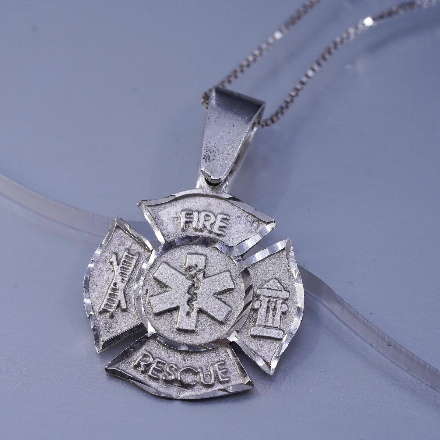 16”, Sterling 925 silver box necklace cross pendant fire rescue The Caduceus