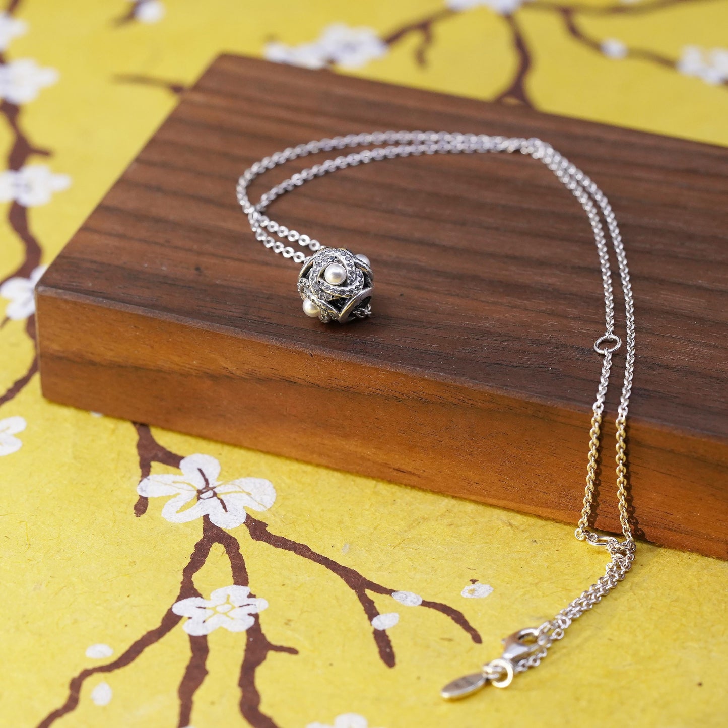 16+2”, ALE Pandora Sterling 925 silver necklace, circle pearl charm pendant