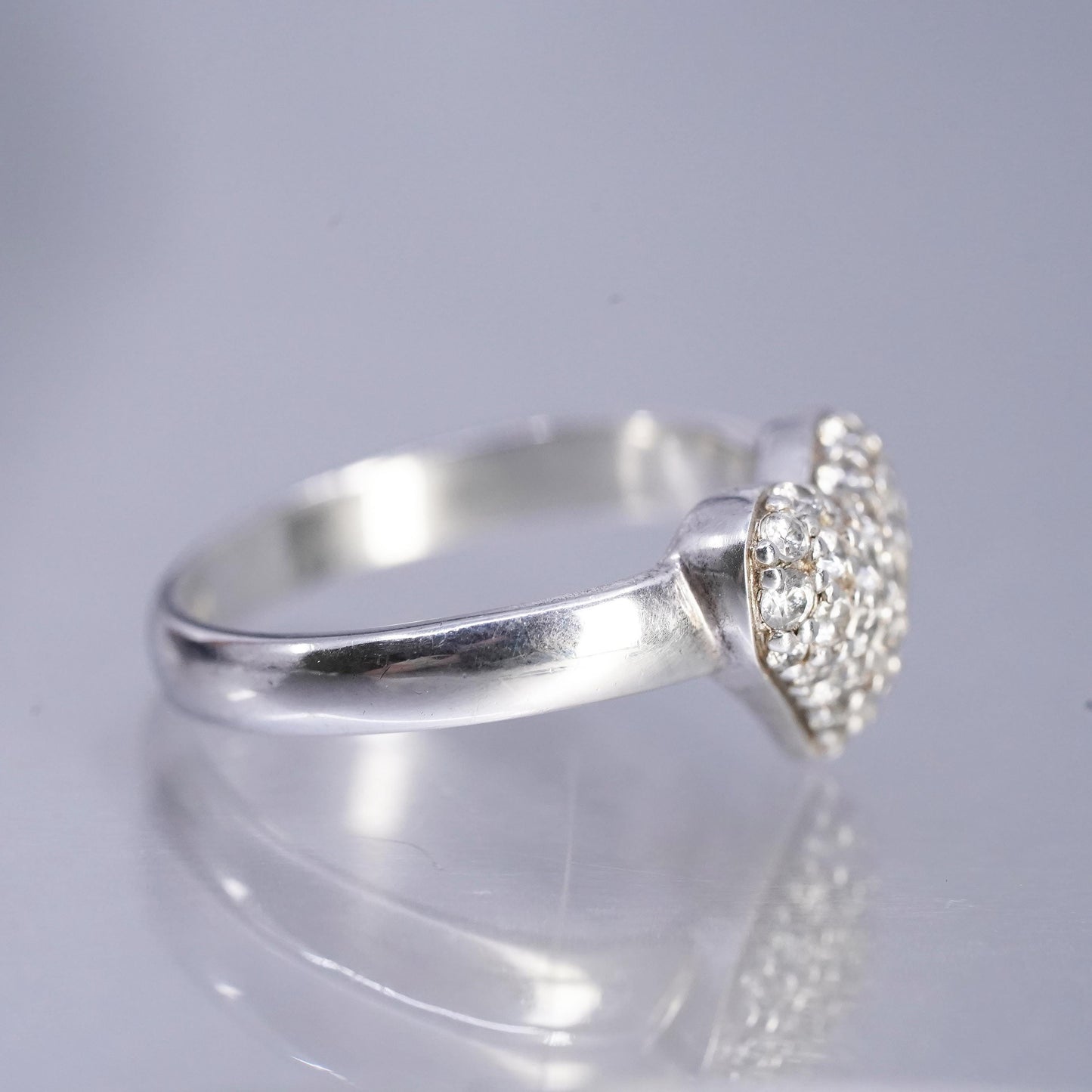 Size 6, vintage Sterling 925 silver handmade heart ring with cluster Cz