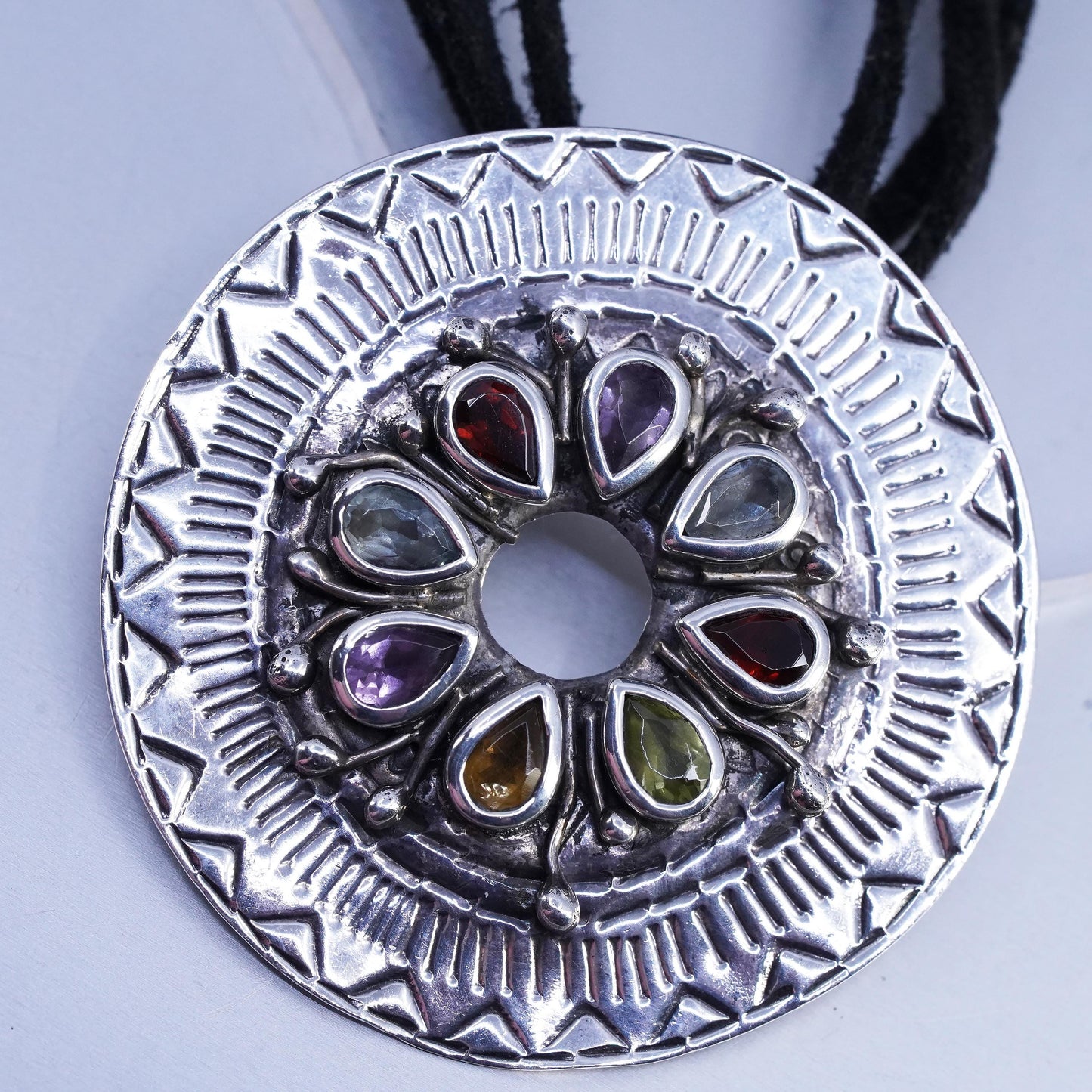 18", 925 Sterling Silver multi strands leather Necklace, disc pendant gemstones