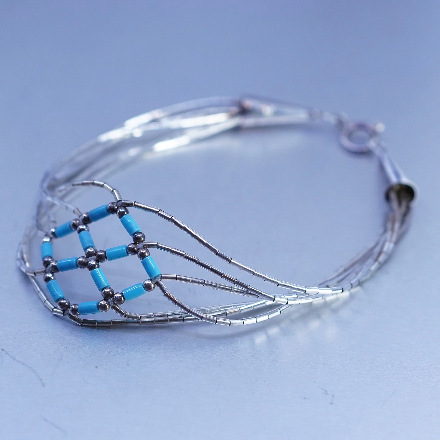 7.25”, Sterling 925 silver handmade bracelet, woven liquid chain with turquoise