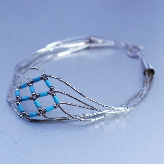 7.25”, Sterling 925 silver handmade bracelet, woven liquid chain with turquoise