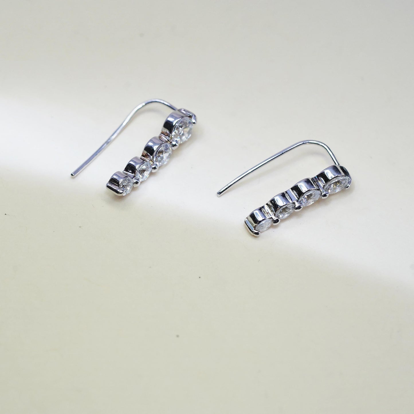 Vintage fashion sterling silver earrings, 925 silver dangles with clear Cz