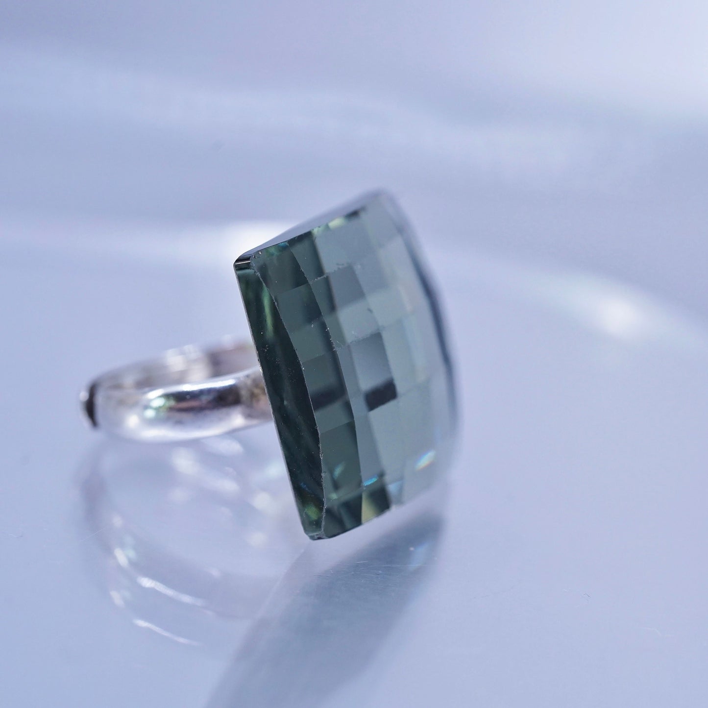 vintage Mexican Sterling 925 silver wavy ring with checkerboard cut glass