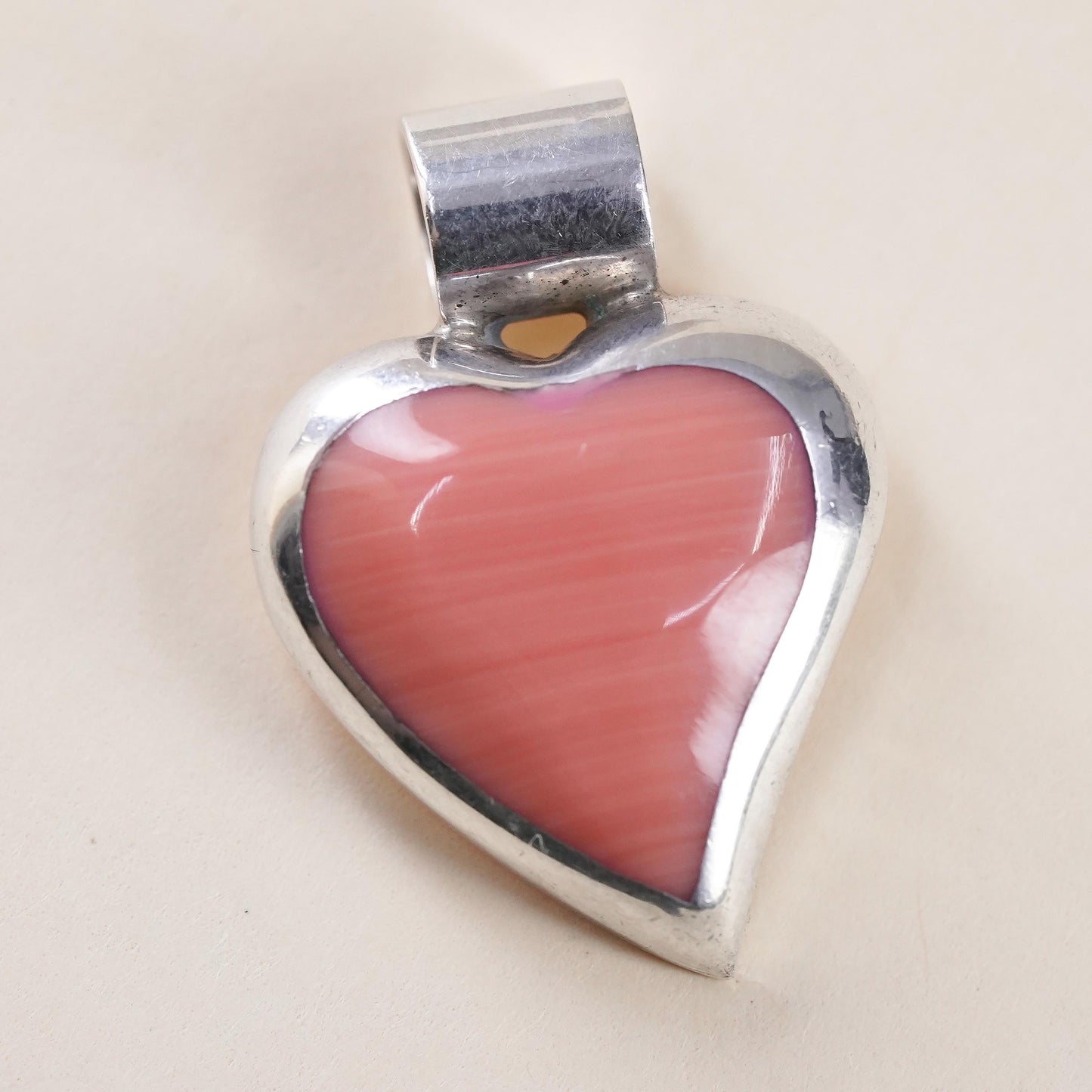 vintage handmade sterling silver heart pendant, Mexican ATI 925 with pink agate