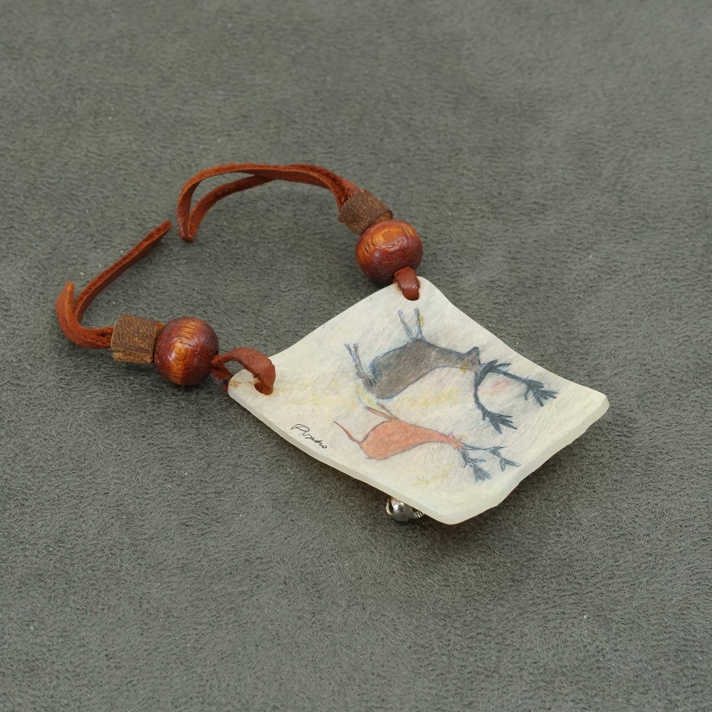 Vintage handmade brooch with leather fringe and deer painting