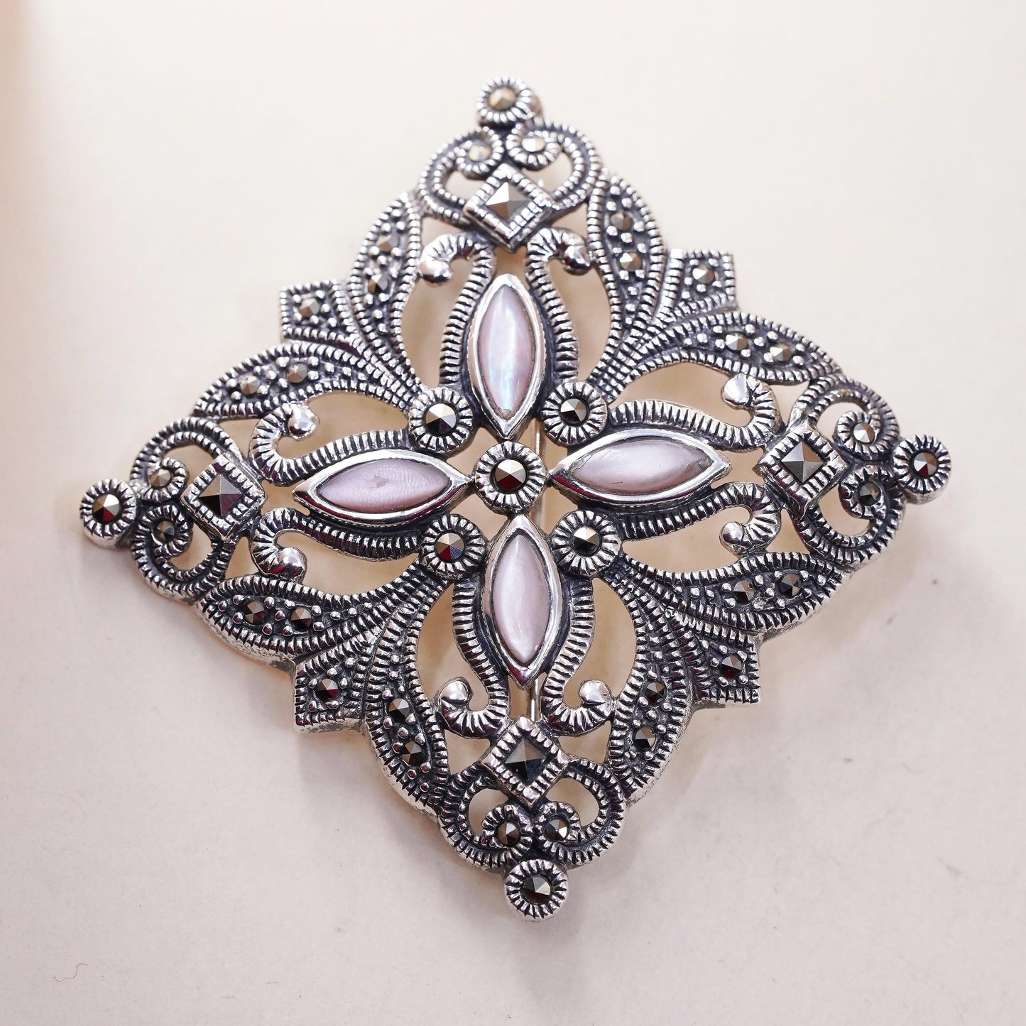 1.5”, Sterling silver brooch, 925 butterfly pendant mother of pearl marcasite