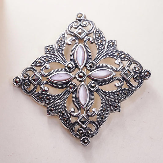 1.5”, Sterling silver brooch, 925 butterfly pendant mother of pearl marcasite