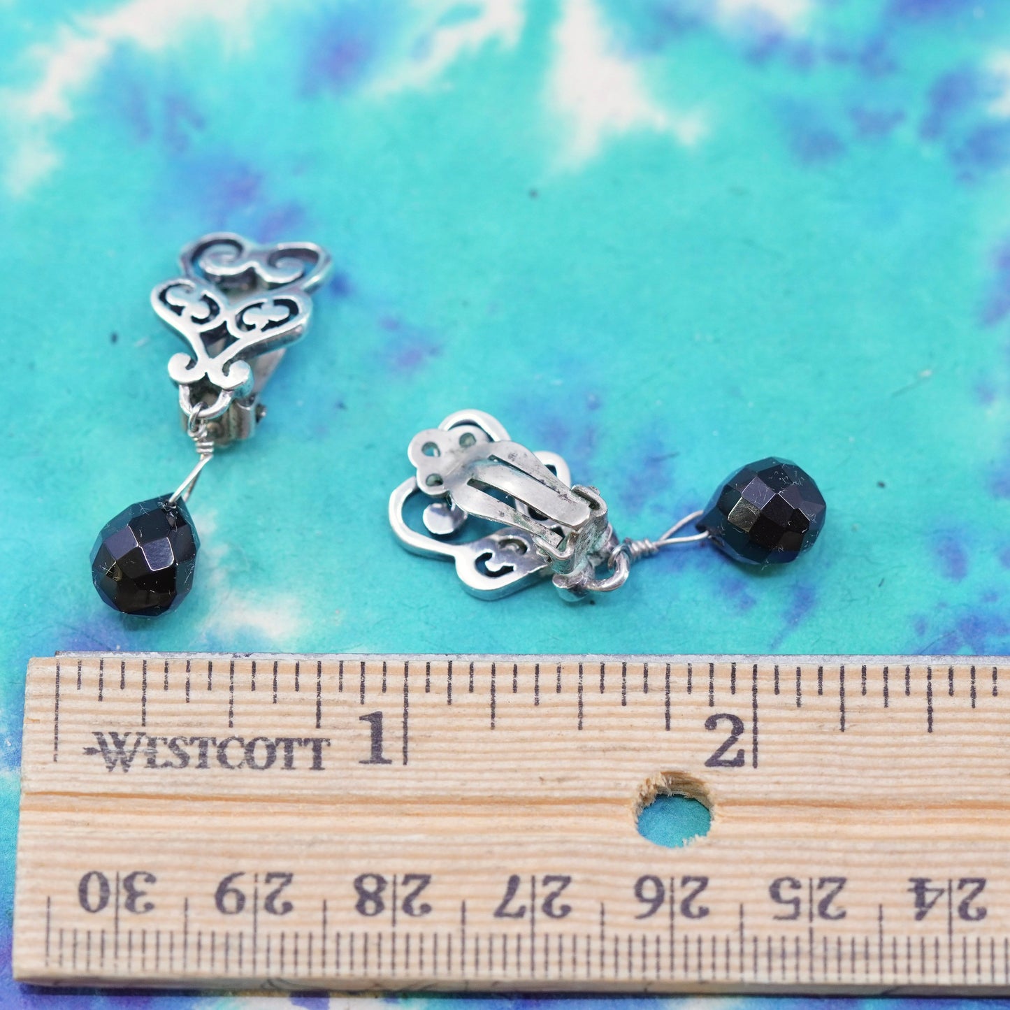 Vintage Sterling silver handmade clip on, 925 swirly earrings with black onyx
