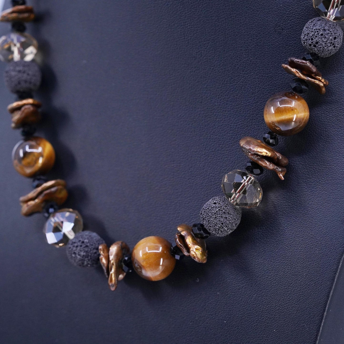 18+1”, Tiger’s Eye, Baroque Pearl sterling silver 925 Necklace Lava Stone Beads