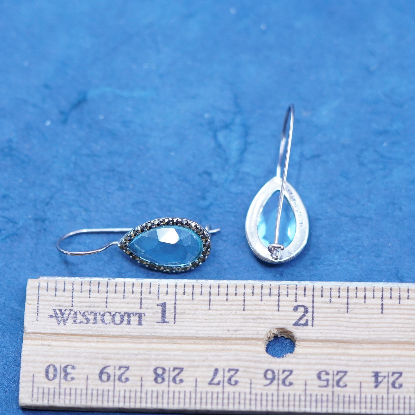 sterling 925 silver handmade teardrop earrings with blue crystal and marcasite