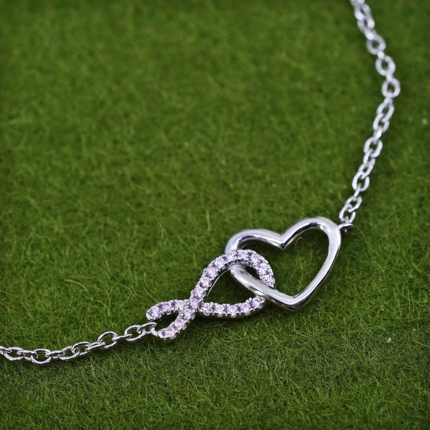 6.75+1”, Vintage sterling silver bracelet, 925 circle chain with heart charm cz