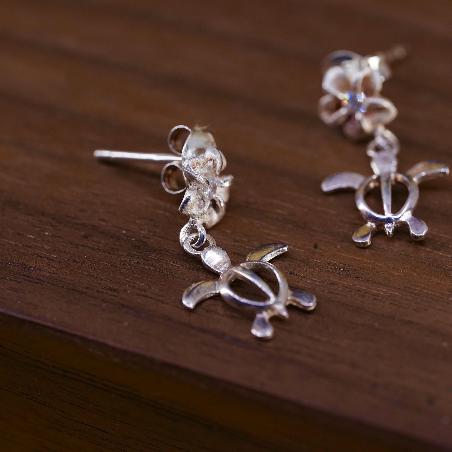 Vintage Sterling silver earrings, 925 plumeria flower studs with turtle dangles