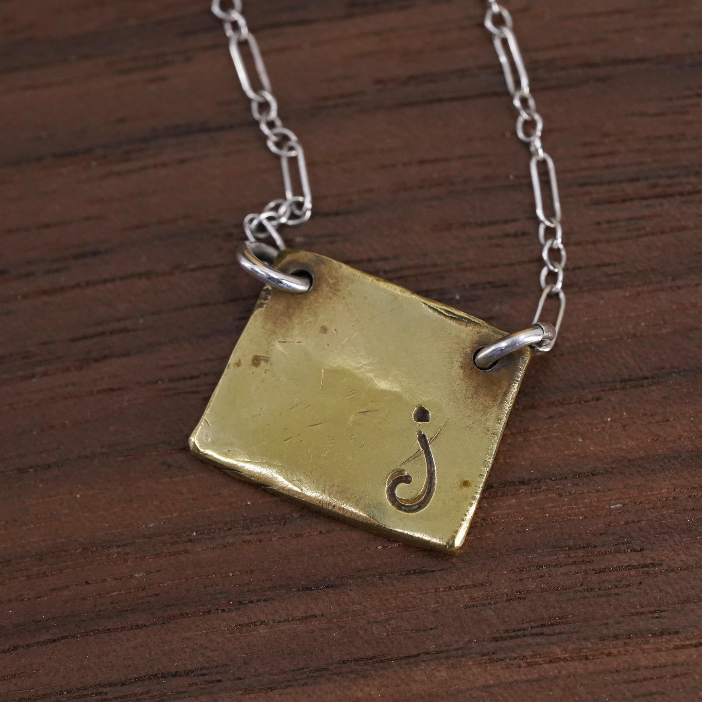 16”, vintage Sterling silver necklace, 925 elongated chain brass tag pendant